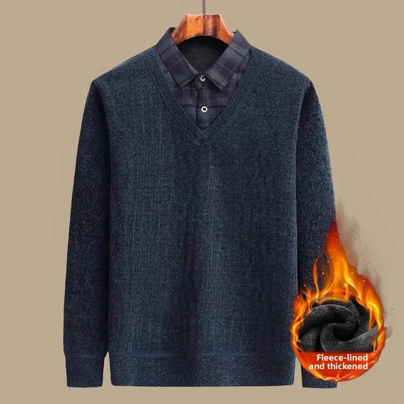 

Thiened Fce Autumn Winter Knitted Sweater Warm Base irt Middle Aged And ly Men's Casual Sle Polyester Fiber Lon...