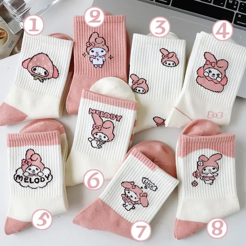 1/3/5Pairs Adult Hello Kitty Cotton Socks Women's Spring and Summer Kuromi Warm Stockings Average Size for 18-40 Years