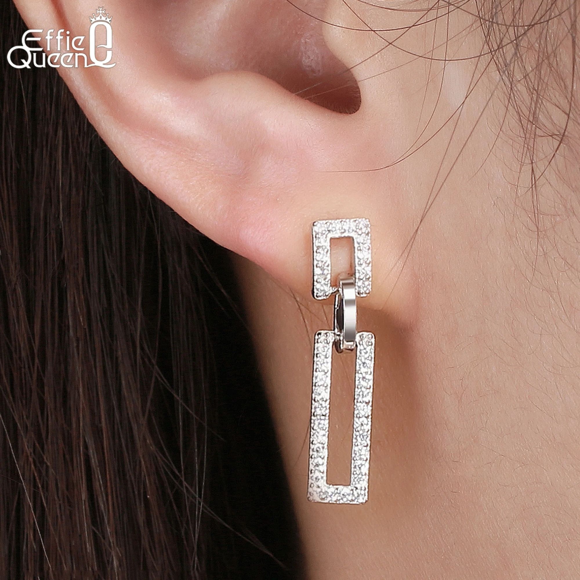 

Effie Queen S925 Серебряные серьги с родиевым покрытием и геометрическим квадратным цирконием, простые ювелирные изделия для женщин, банкетная вечеринка APE20