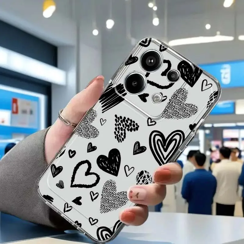 

Black Little Love Cute Pattern For Xiaomi Redmi Note 15 14 13 12 11E 9 9T 8 8T Pro Plus Turbo 5G Fashion TPU Transparent Case