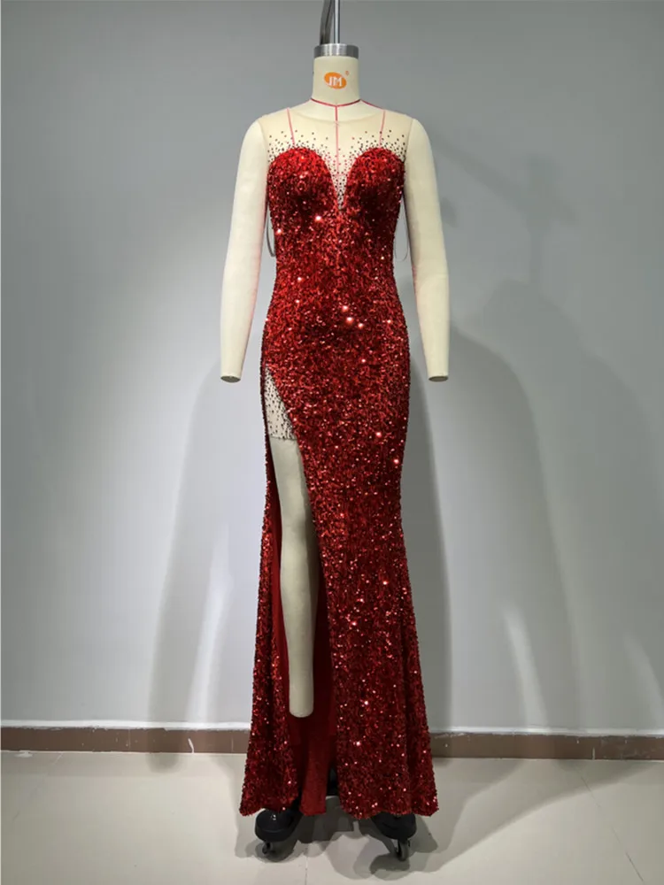 2024 New Arrival Red Color Women Sleeveless Sexy O-Neck Bodycon Long Dress Shinning Sequins Wedding Mermaid Party Dress