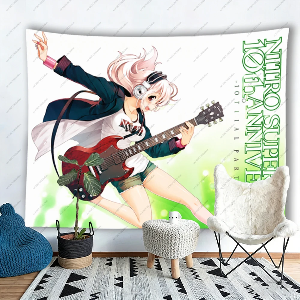 Rock S-Super Sonico Guitar  Girl Tapestry, Polyester Fabric for Bedroom Dorm Living Room, Aesthetic Home Decor for Fans