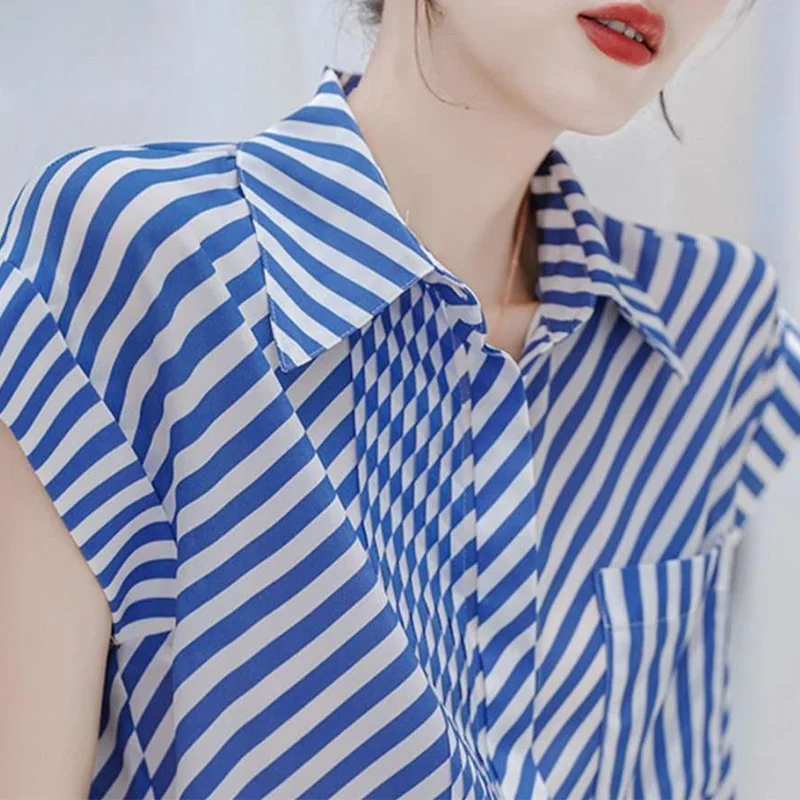 Versatile Blue White Striped Printed Short Sleeve Shirt Summer Polo-Neck Splicing Pockets Single Breasted Loose-fitting Blouse