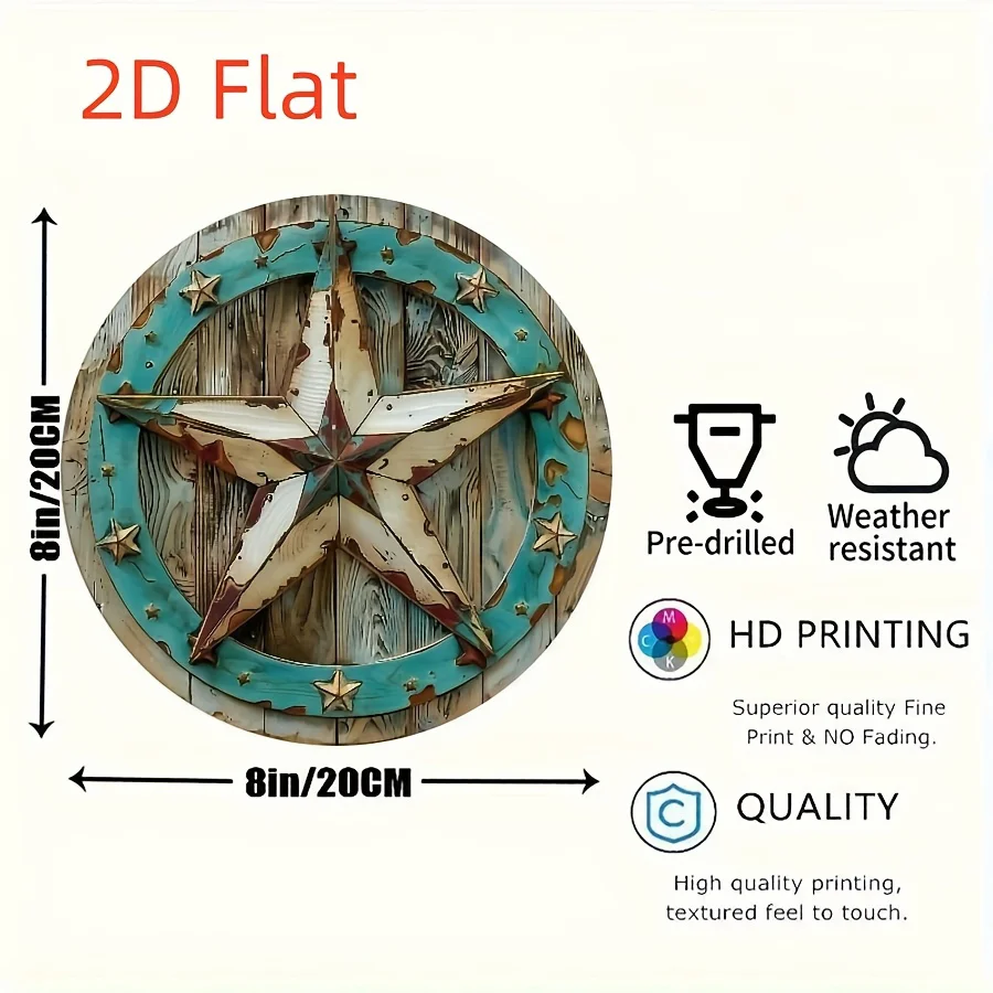 2D Flat - A Handcrafted Round Sign in 2D, Featuring a Vintage Texas Star Design Suitable for Home, Bar, Café, And Garden Decor |