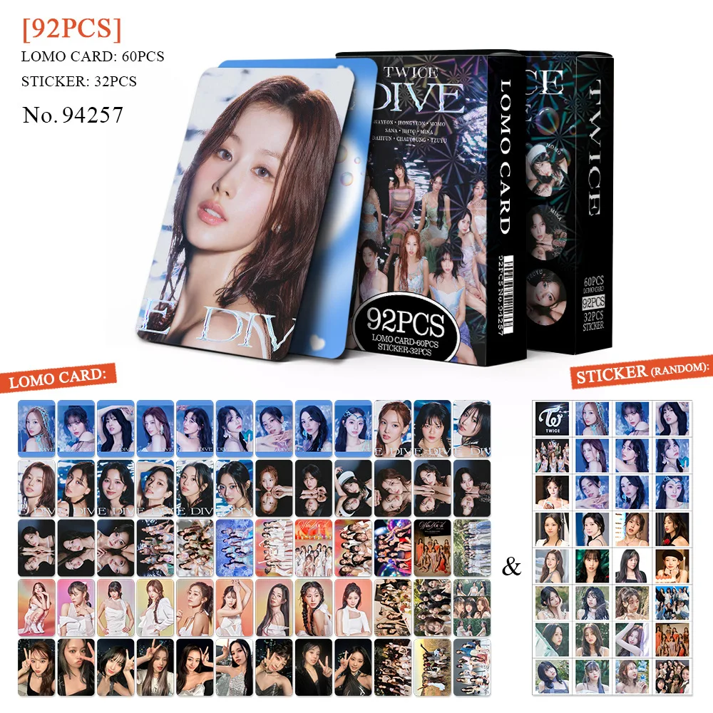 92Pcs/Set Idol Lomo Cards New Album DIVE HD Print Photo Cards Sticker NaYeon Momo Yoo JungYeon Sana Park Ji Hyo Fans Gifts