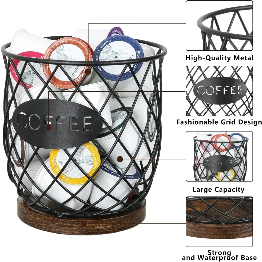 منظم حامل أكواب K بتصميم قوي لتخزين كبسولات القهوة الفعالة وسلة شبكية دائرية ذات سعة كبيرة مثالية للمطبخ