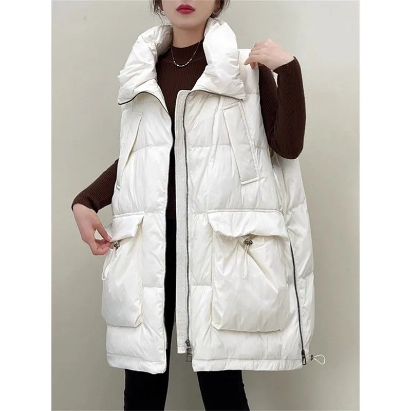 

Длинные жилеты большого размера, женский воротник-стойка 2025 года, осень-зима, новая хлопковая стеганая куртка, жилет, толстый теплый пуховый хлопковый жилет, пальто