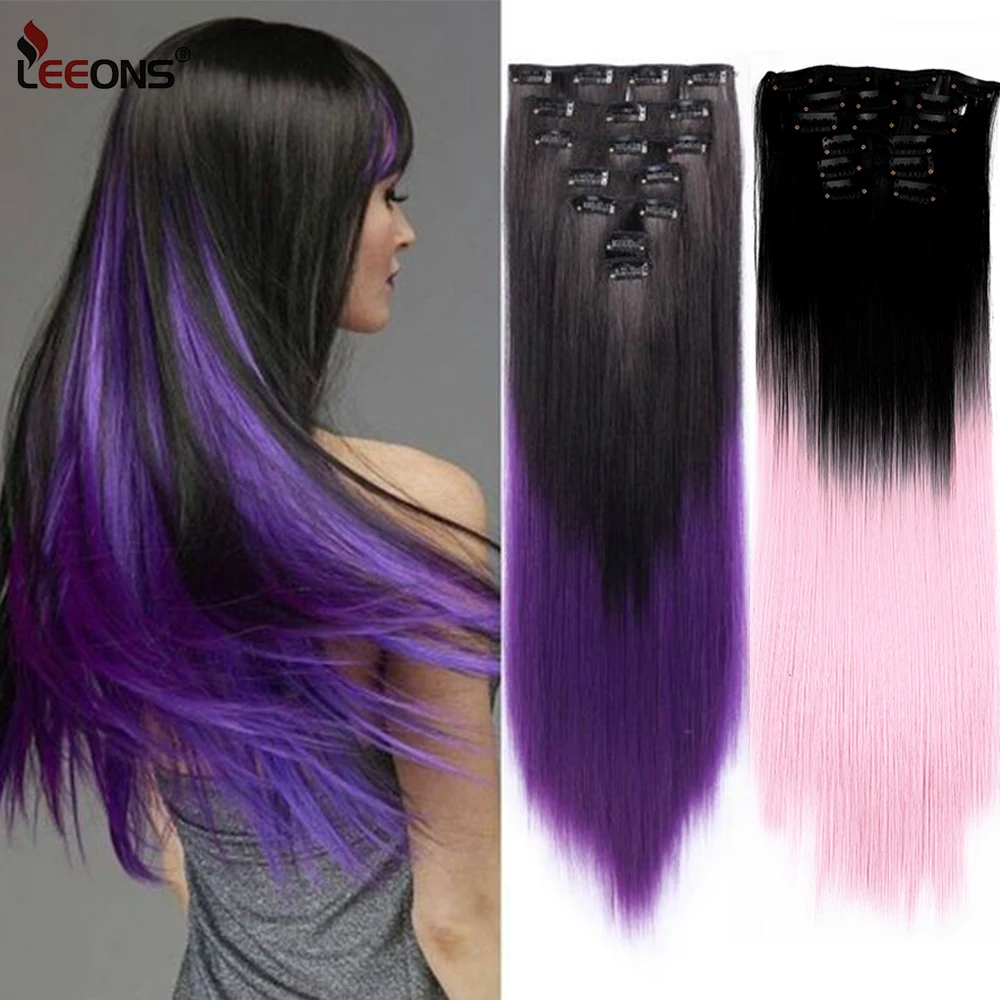 Leeons Pink Purple Ombre 16 Clips In Hair Extension Long Straight Brown Black 6 Pcs/Set 22 Inch Synthetic Hair Piece For Women