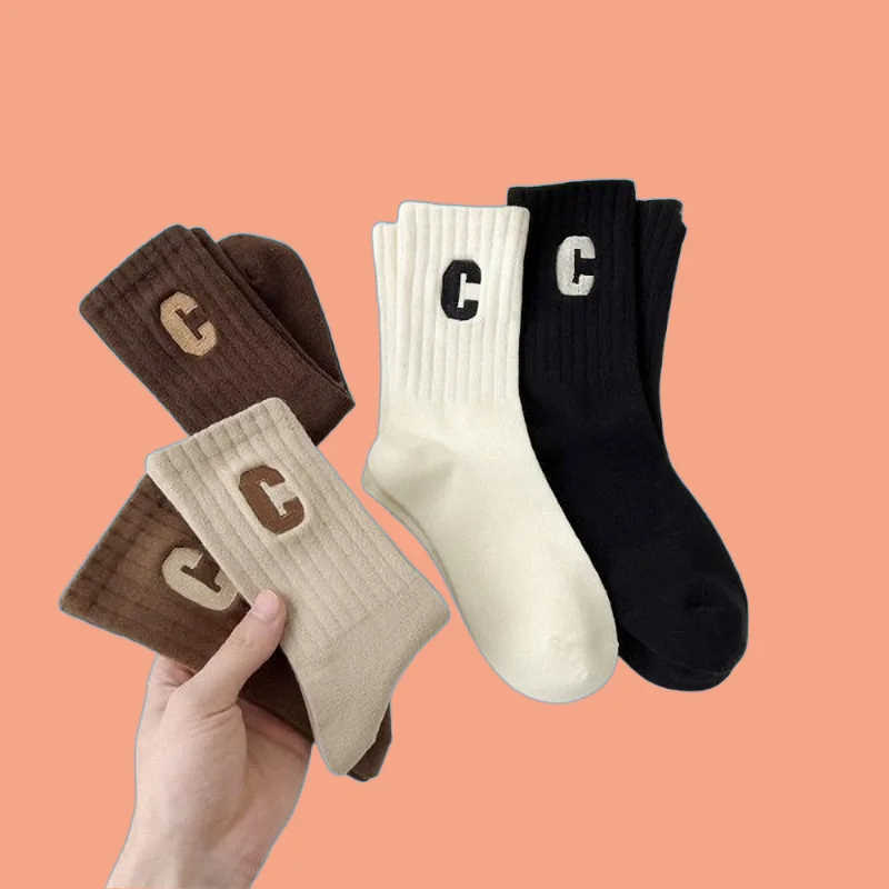 

5/10 Pairs Winter Solid Color Socks Cotton Hot Style Letter Sweat-absorbent And Deodorant Student Sports Casual Mid-tube Socks