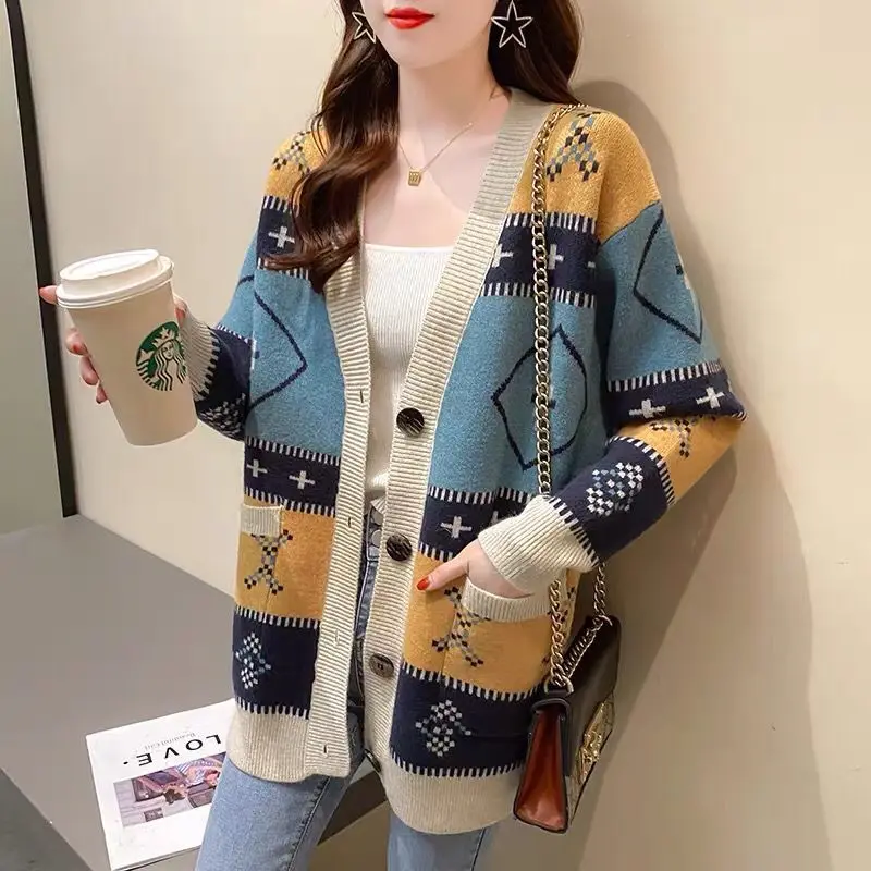 

New Contrast Knitwear Sweater Coat Autumn Winter Lazy Wind Color Matching Jacket Loose Ladies Outside Cardigan Outwear Tide Tops