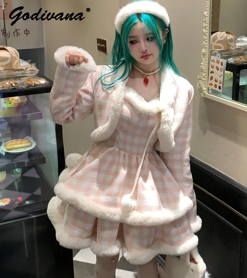 New Winter Sweet Girl\'s Pink Blue Plaid Short Coat Jacket Lolita Fur Patchwork Princess Suspender Dress Two Piece Dress Set