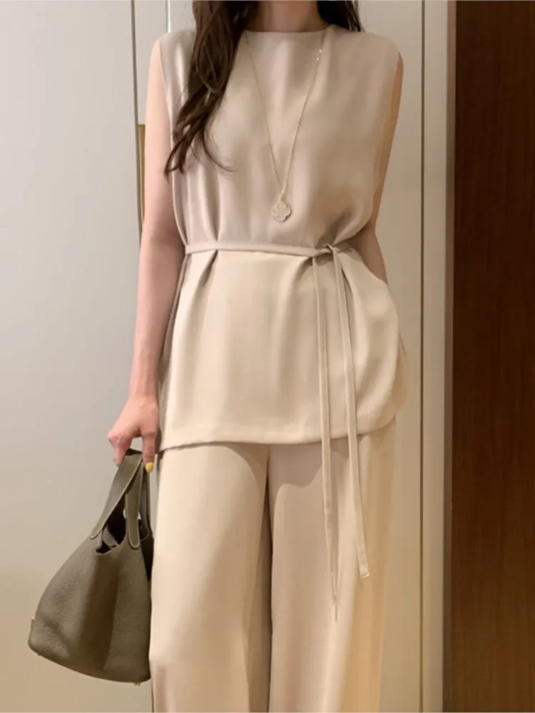 Casual Solid Belt Tank + Top High Waist Wide Leg Pant Sets Office Lady Commuter Loose Trouser Summer 2 Piece Set Women Outfit