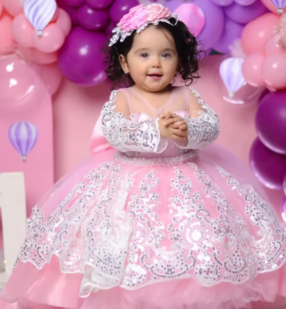 فستان فتاة الزهور الوردي المخصص مزين بالترتر مع فيونكة وأكمام طويلة لحفلات الزفاف وأعياد الميلاد وحفلات التواصل المقدس #3