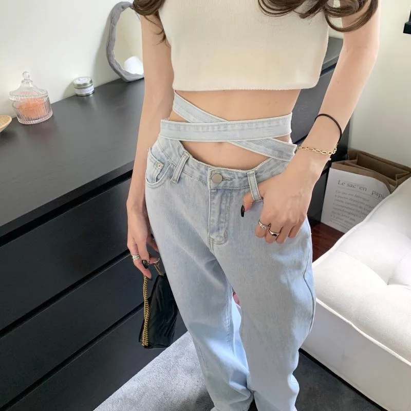 زر سستة عالية الخصر بلون المألوف عالية الخصر حزام الجينز المرأة فضفاضة واسعة الساق السراويل مستقيم بنطلون
