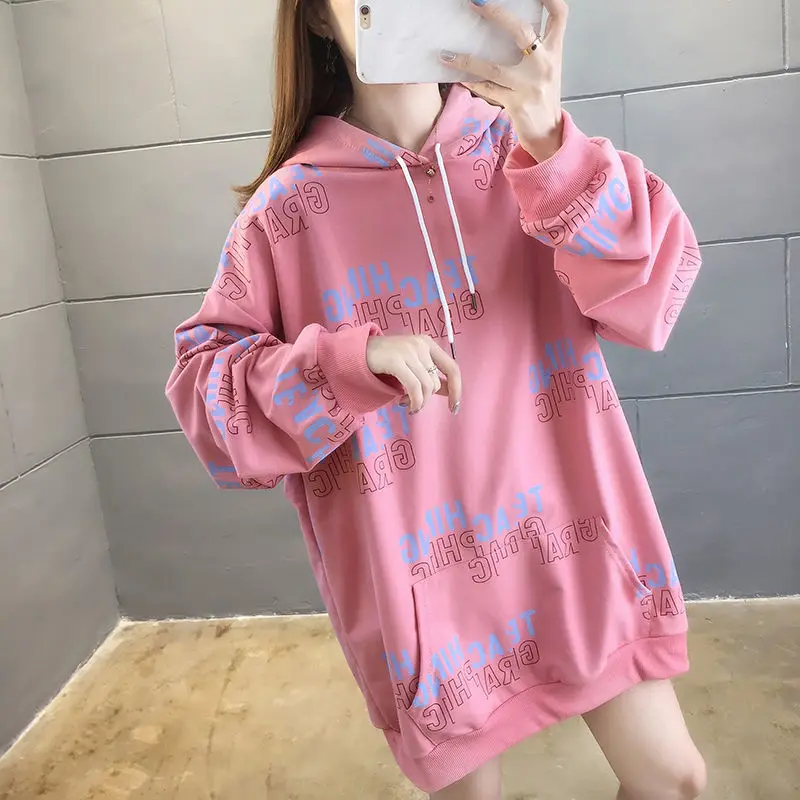 Yellow Baggy Woman Tops Long Hoodies Spring and Autumn Graphic Loose Hooded Sweatshirt for Women New in Harajuku Fashion Cotton