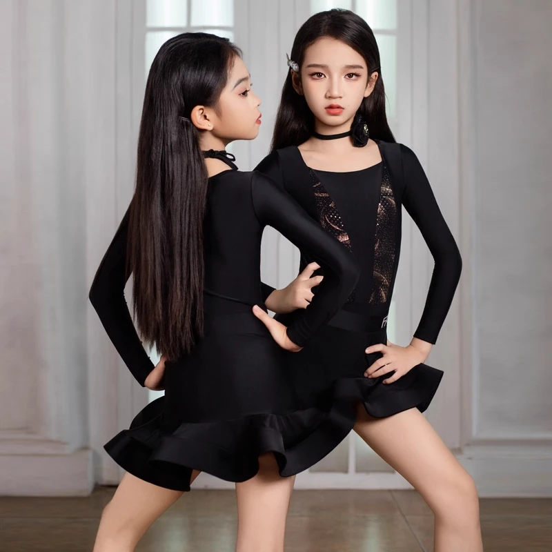 2025 neue Laitn Tanz Kleid Mädchen Schwarz Dance Performance Anzug Langarm Trikot Rock Set Cha Cha Rumba Training Kleidung 2732