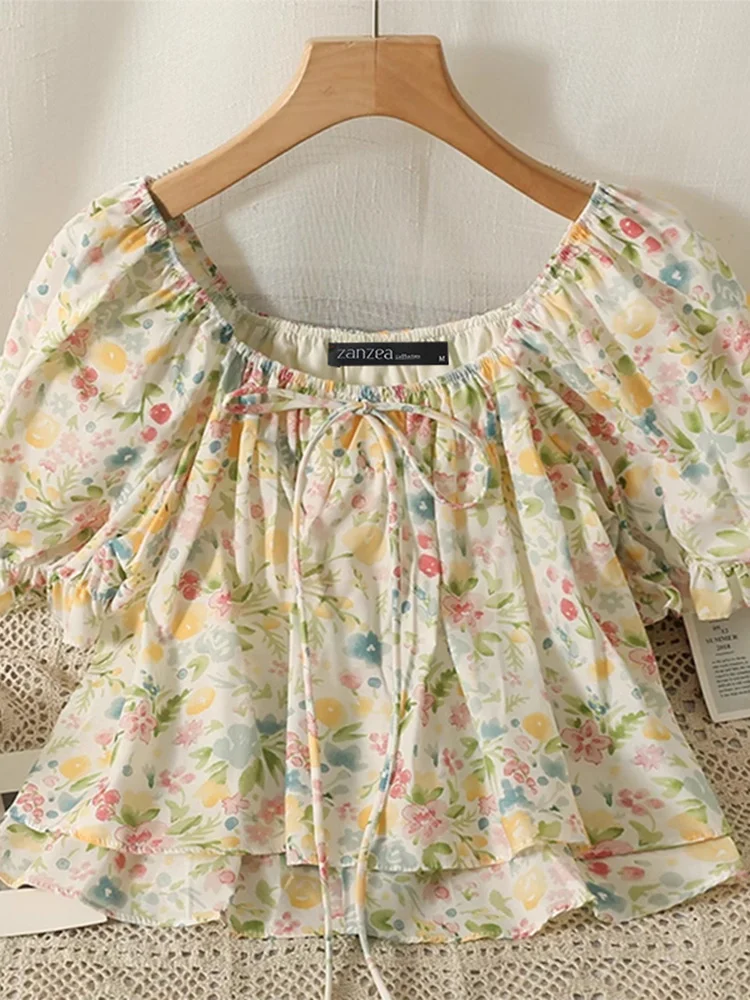 

ZANZEA Summer Floral Printed Tops Chiffon Blusas Women Vintage Short Puff Sleeve Lepel Neck Tunics 2025 Casual Lace-Up Pullover