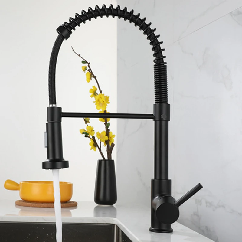 

Black Brushed Spring Pull Down Kitchen Sink Faucet, Hot and Cold Water Mixer Crane Tap with Dual Spout, Deck Mounted Mixer Taps