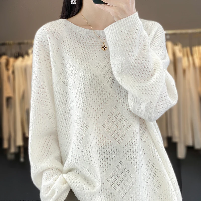 

European and American trend 100% wool hollowed out women's O-neck sweater with long sleeves knitted FRSEUCAG new women's pullove