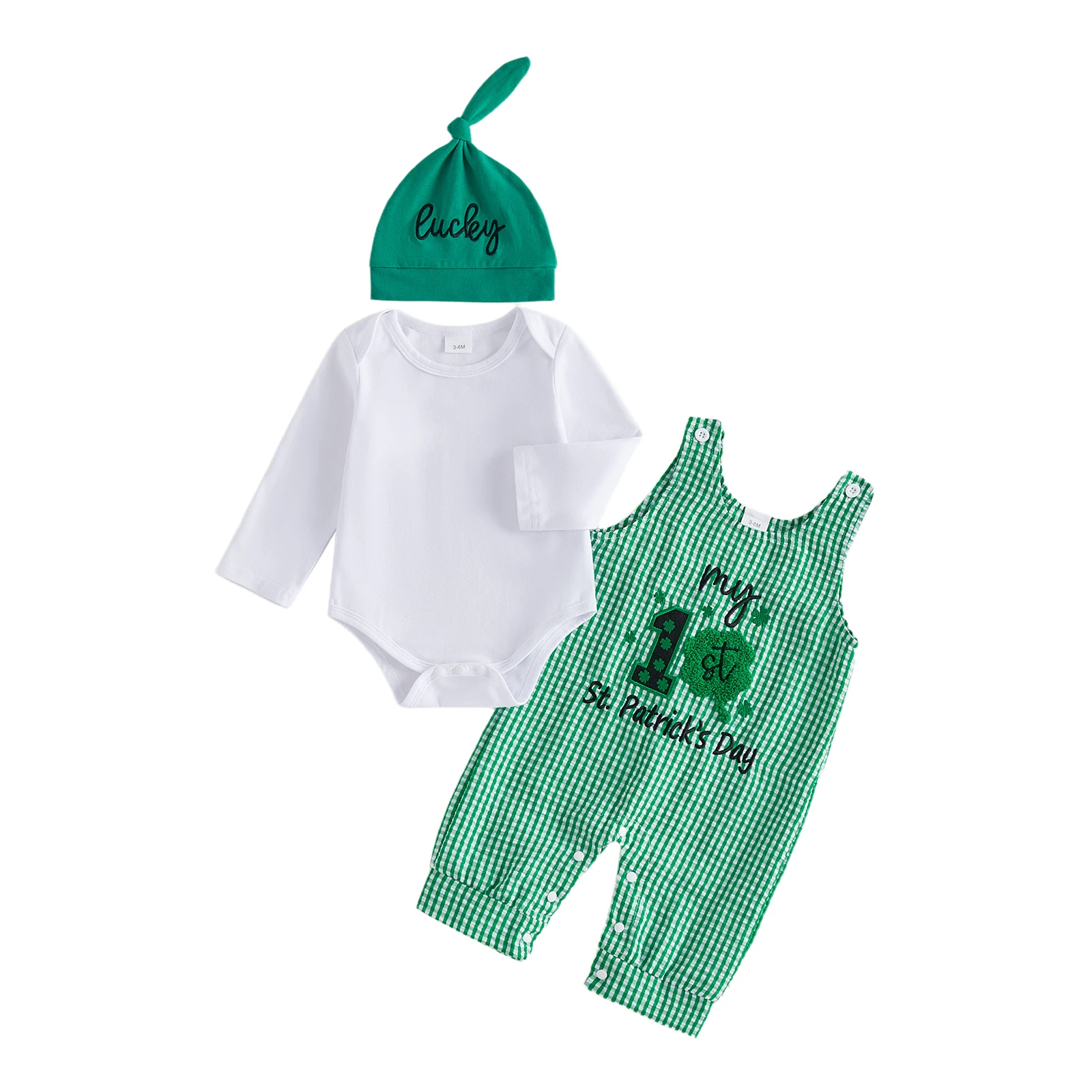 

Baby Boy Irish Outfit Solid Long Sleeve Romper Plaid Clover Overall Pants and Knotted Hat 3 Piece Spring Set