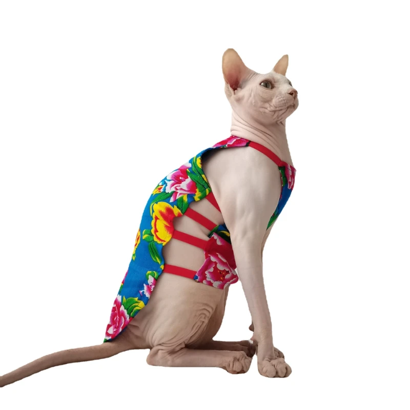 Summer Thin Cotton Belly Pocket Sphynx Hairless Cat Devon Clothes Northeast Big Flower Festive