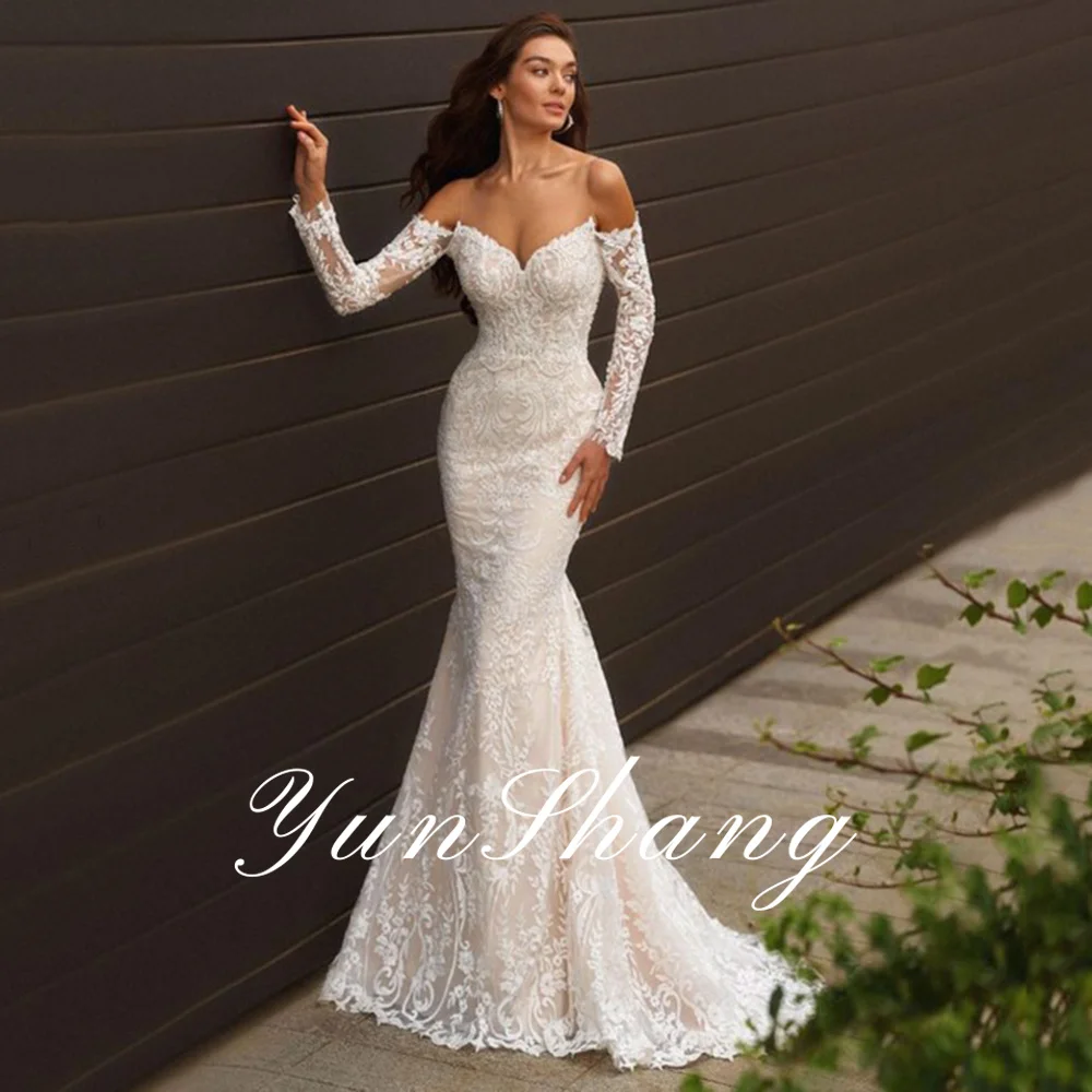 Yunshang Sexy V-Hals Trouwjurk Lange Mouw Kant Appliques Strand Zeemeermin Bruid Jurk Rugloze Tule Sweep Trein Robe De Mariée