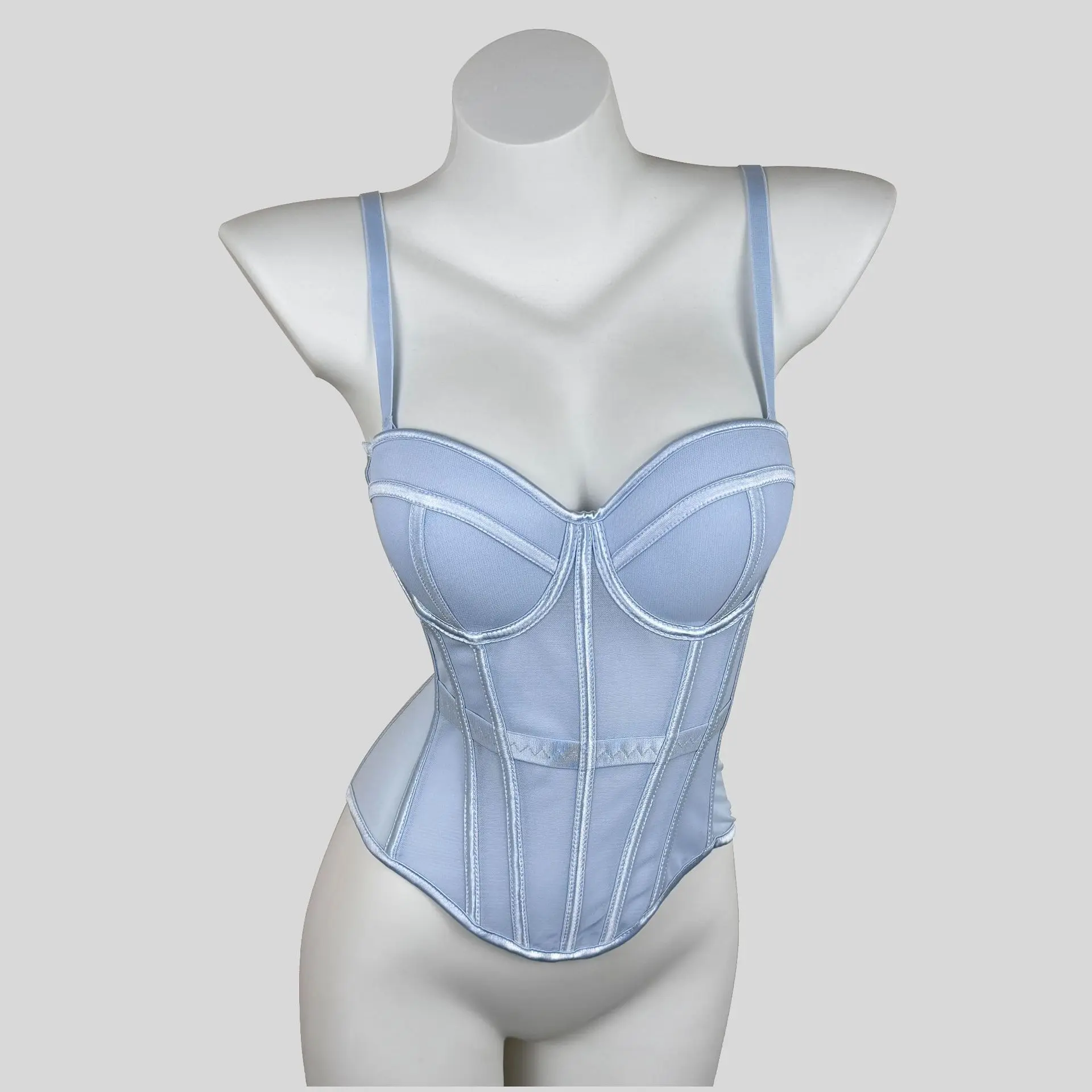 Damen Transparentes Netz Sexy Korsett-Top mit Trägern Kurzer Bodyshaper Fischgräten-Slim-Fit Blaues Tanktop Party-Camisole