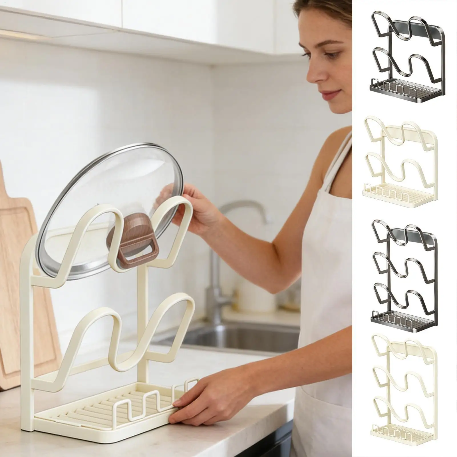 

Pan Lid Holder With Drip Tray Space Saving Non-Slip Kitchen Organizer Pot Cover Holder Rack For Spoon Fork Spatula Soup Ladle