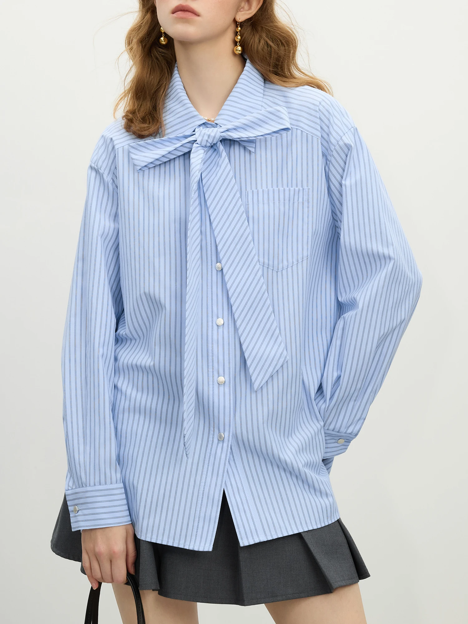 FSLE Office Lady French Bow Tie Striped Shirt for Women Spring Loose Fit Shirt College Casual Women Top for Women 25FS11060