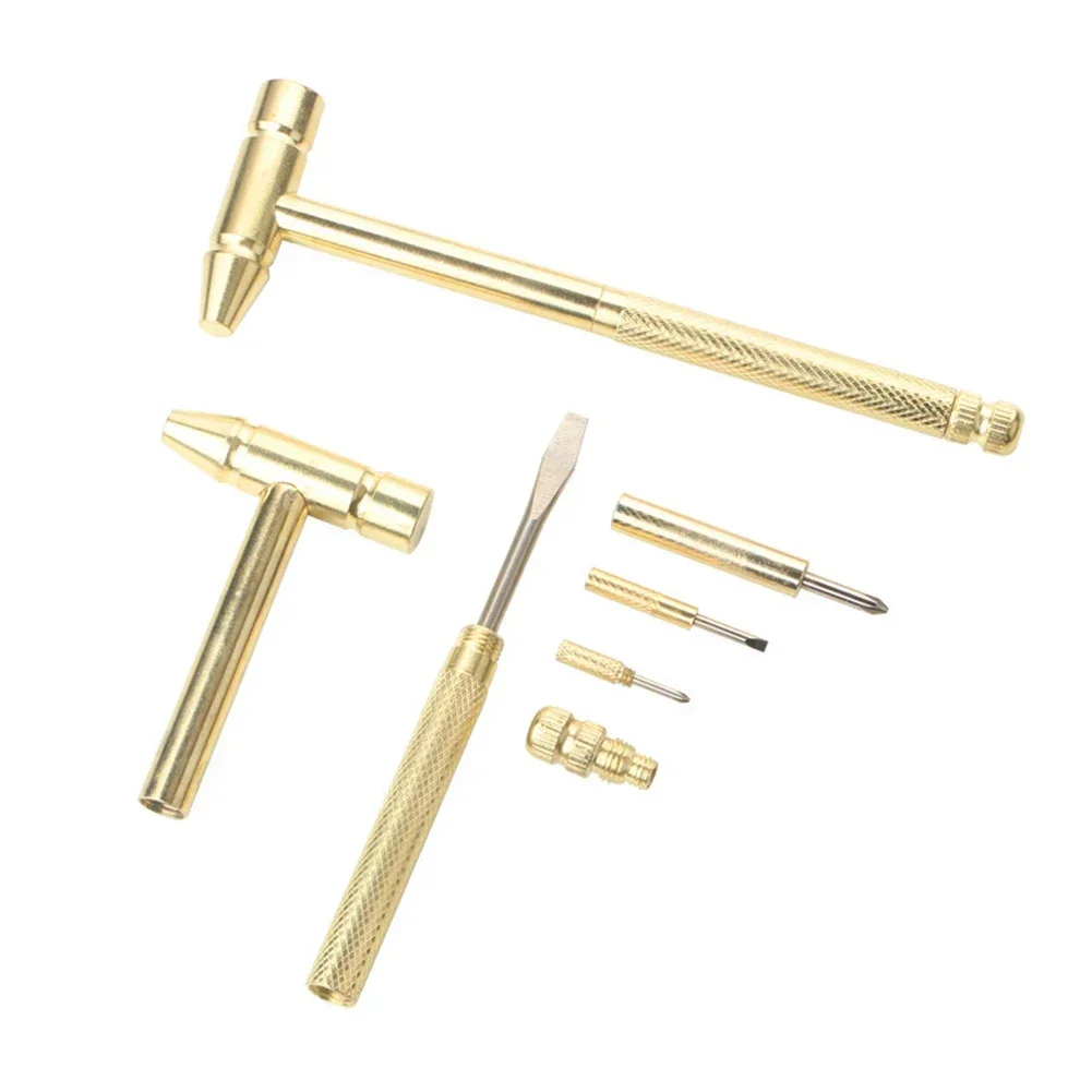 Mini Copper Hammer 6 In 1 Screwdriver Set Compact Design Easy To Carry Gold Color Metal Material Nonslip Handle