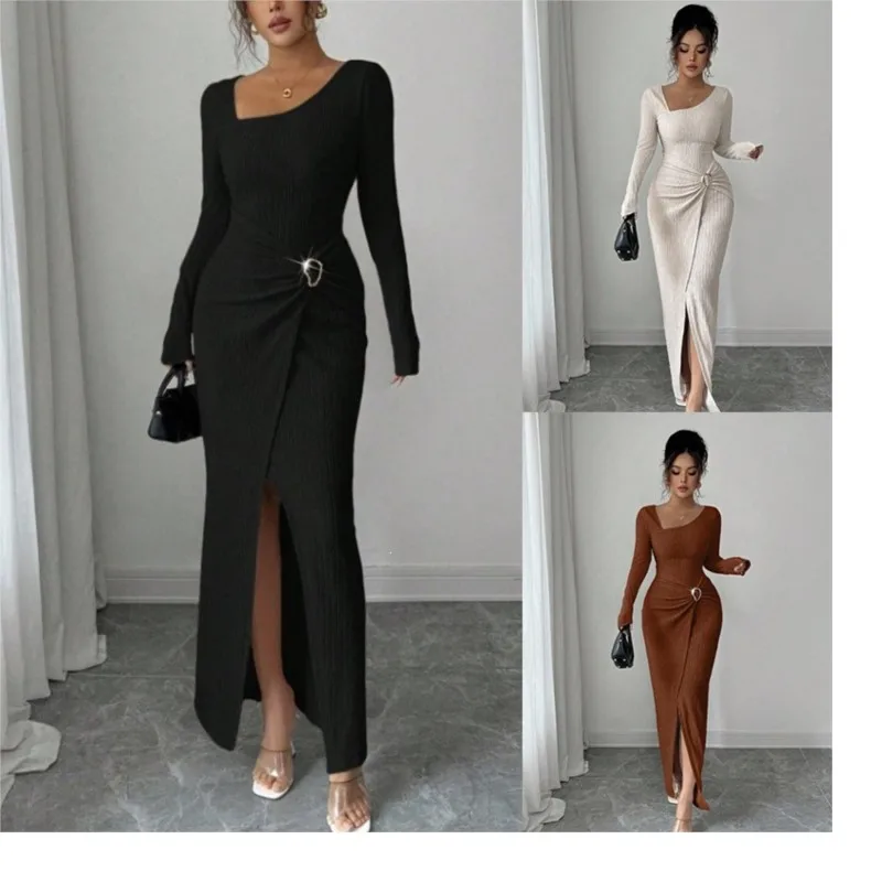 Women's 2026 Spring Summer Dress Fashion Slim Bag Hip Skirt Split Square Neck Long Sleeve Knitted Textured Bodycon Dresses Women