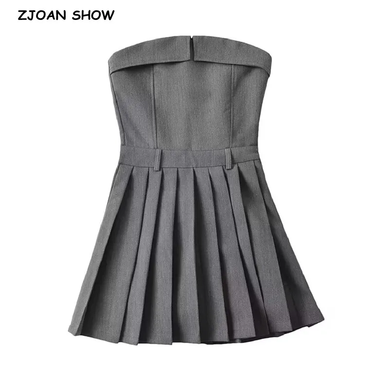 

Sexy Gray Ruched Chest Strapless Croset Style Mini Dress Safari Women Slim Waist A line Pleated Hem Tube top Party Robe