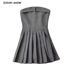 Mini vestido feminino sem alças na cintura, bainha plissada em linha A, top de tubo, robe de festa plissado, estilo safari, cinza sexy, 2023