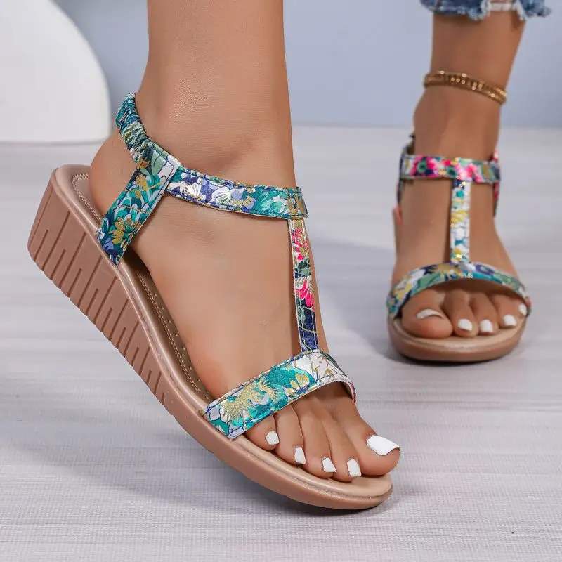 Rimocy Women\'s Bohe Wedge Sandals Print Elastic Strap Gladiator Shoes Woman Plus Size Summer Casual Beach Sandalias Mujer 2024