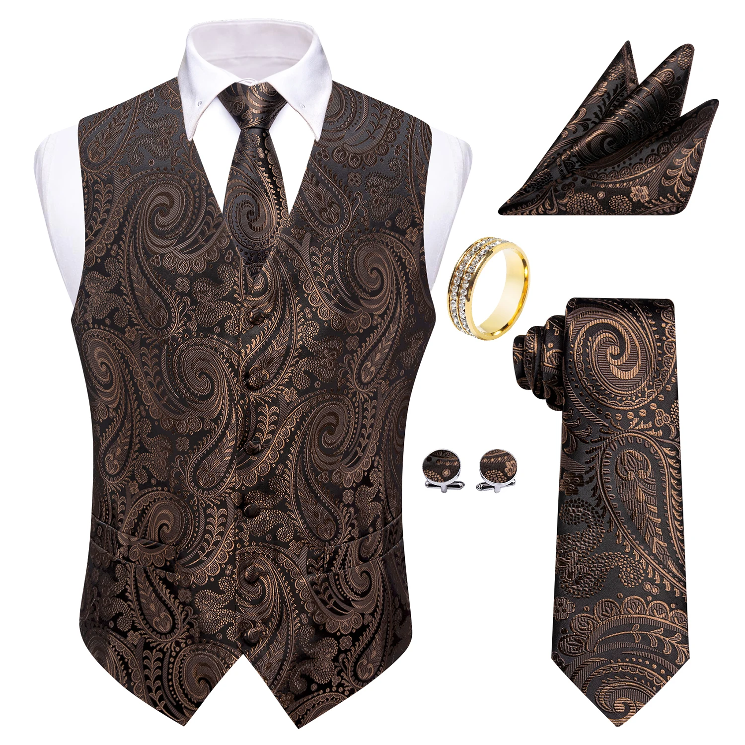 Coffee Paisley Jacquard V-Neck Vest Accessory Set Tie Pocket Square Cufflinks Gold Rhinestone Ring For Retro Evening Reception