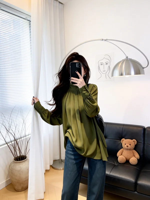 

Ele een High Collar Bubble Sve irt Women's Slimming Commute Top Spring 2026 Casual Loose Fit Long Sve irt