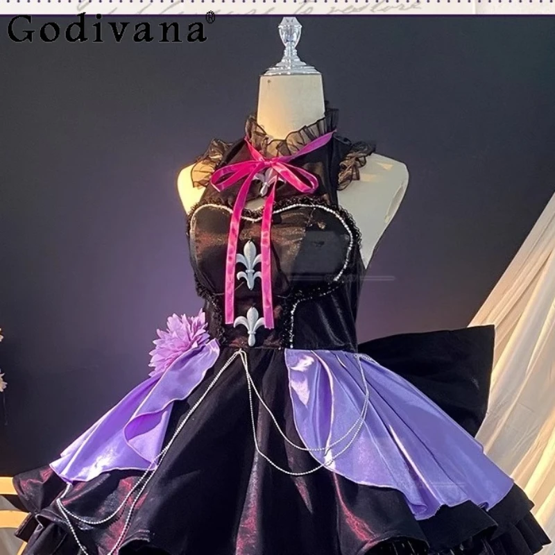 Abito Lolita viola nero a vita alta Gioco di ruolo natalizio Set di abiti da donna dolci Abito da principessa senza maniche per Ognissanti