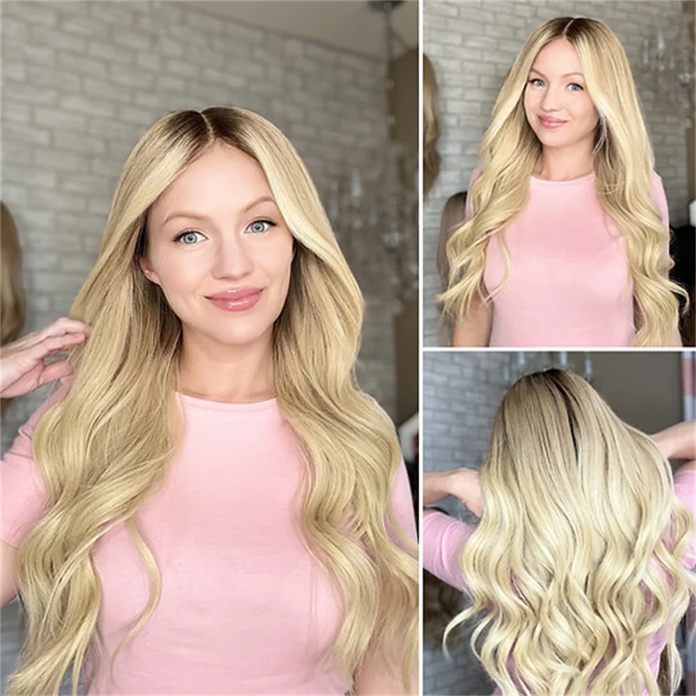 

Светло-русый синтетический парик спереди, длинные волнистые 13x4 Futura Blonde Ombré Rooty Hair, натуральный реалистичный вид линии роста волос, плотность 150%