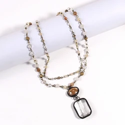 Fashion Bohemian Jewelry Accessory 2 Layer Stone Crystal Rosary Link & Chain Glass Pendant Necklaces For Women Gift