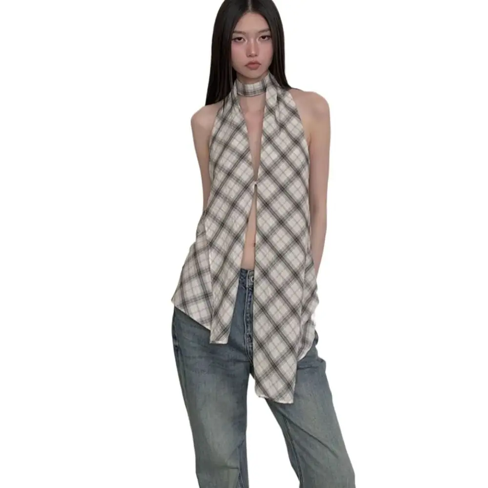 韓国スタイルグリッドホルターノースリーブキャミソールスプリットスイートスリムクロップトップススパイシーガール不規則なサスペンダーベスト旅行