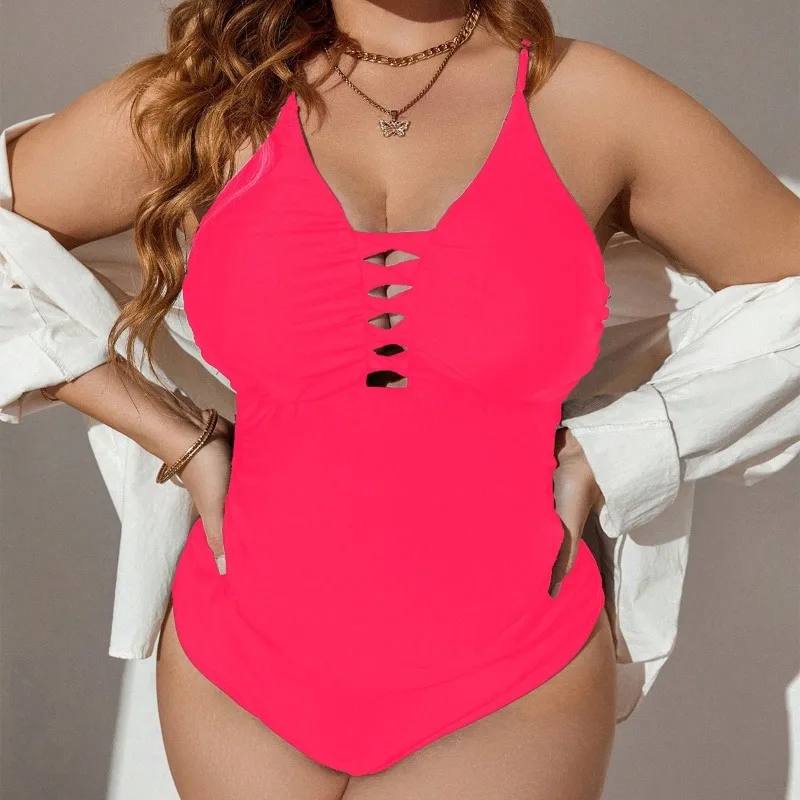 

2025 New Women's Plus Size One-Piece - Sexy Cutout V-Neck Crisscross Straps Slim-Fitting Swimsuit for Beach & Pool