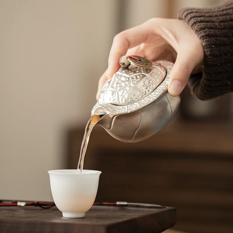 Creative Silver Teapot Abstract Art Turtle-shaped Ceramic Silver-plated Teapot Home Retro Tea Set Exquisite Gift Box Teaware