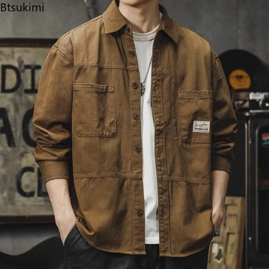 Men's Brown Workwear Shirt Jacket with Pocket Spring and Autumn New Style Loose Japanese Retro Casual Long Sleeved Shirts Male