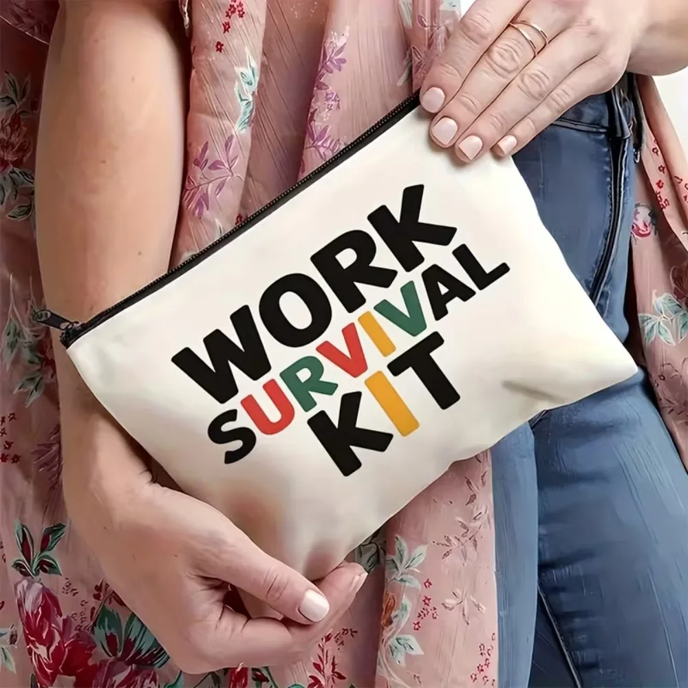 Colorful Work Survival Kit Cosmetic Pouch Humorous Office Gift Portable White Canvas Zipper Women Work Essentials Organizer Bag