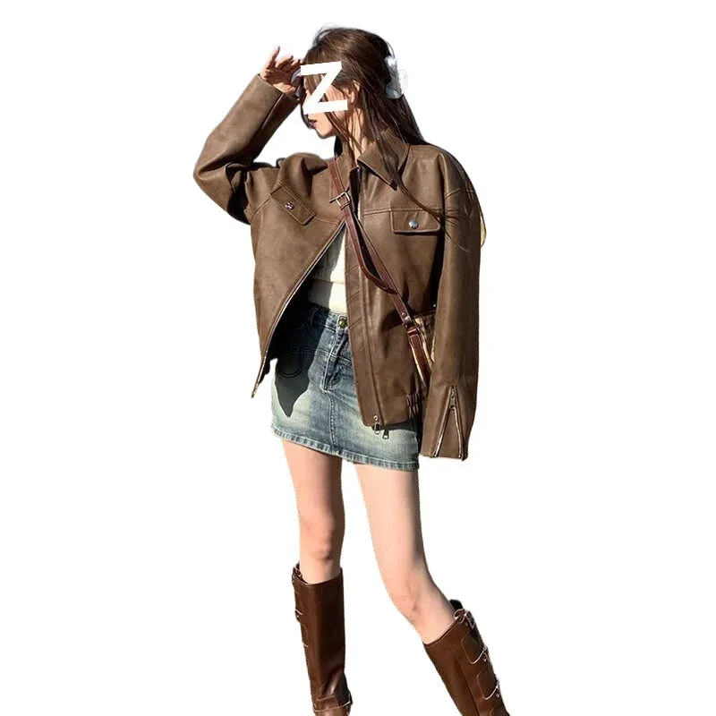 Loose Fit PU Leather Coat Women American Retro Moto Biker Jacket Cropped Zip Up Vintage Daily Streetwear Outerwear