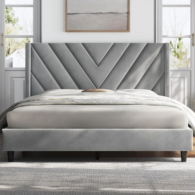 

Queen Bed Frame Upholstered Platform Bed with Wing Side/Wooden Slat Support/Tufted Headboard with Wing Side/Mattress