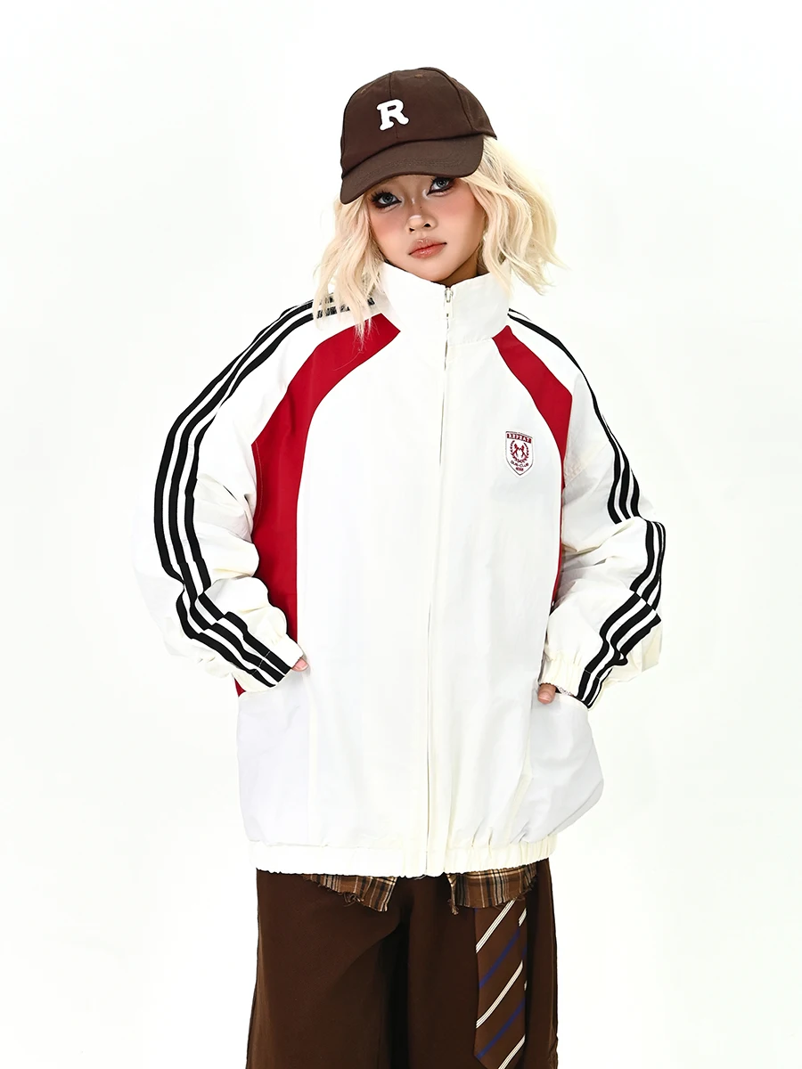 

Женская свободная куртка с воротником-стойкой в полоску, весна 2026, в американском университетском стиле, легко носить, для повседневной носки