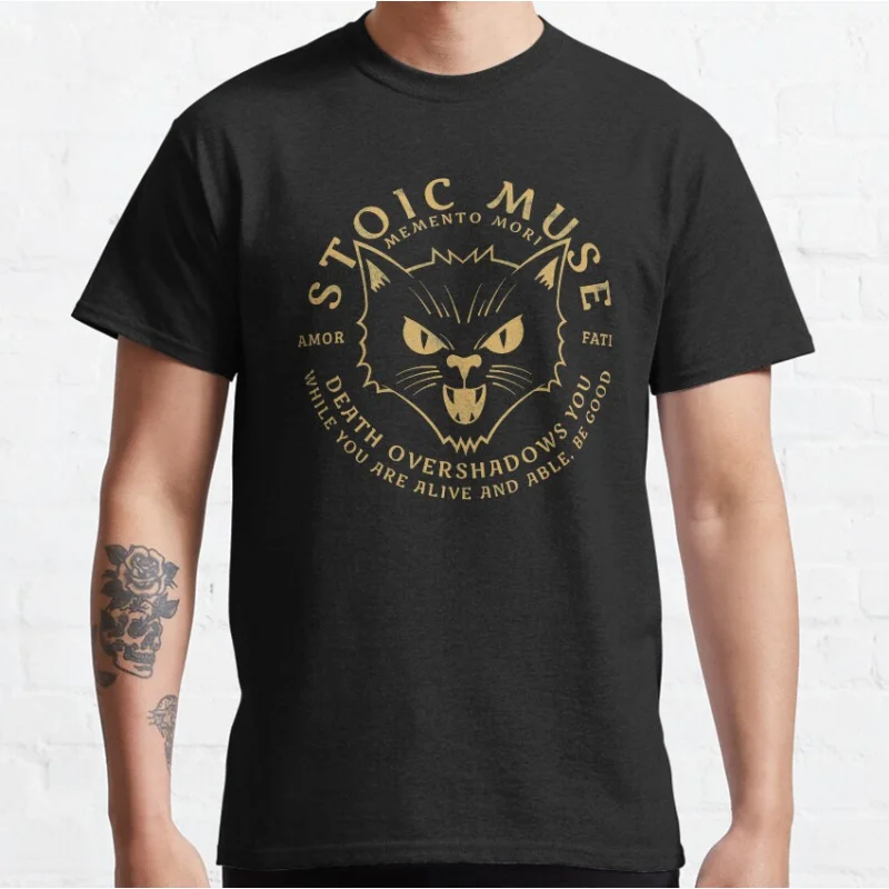 

Amor Fati Memento Mori Gold Cat gift T Shirt for men Large size tops S-6XL100% cotton printed clothes