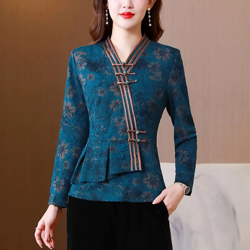 Cheongsam Women\'s Plus Size Tops 2023 Summer Silk Jacquard Irregular Traditional Chinese Style Tang Costume Qipao Shirts Woman