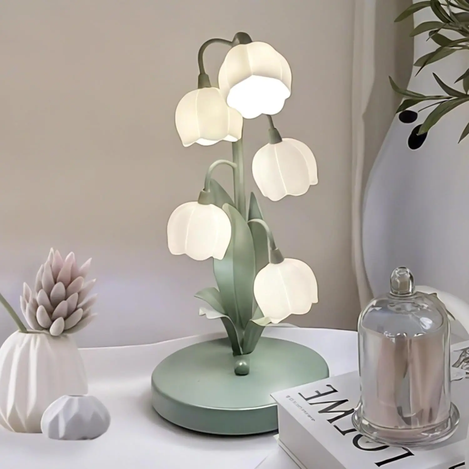 

Green Flower Lamp, 3-Color Mode Vintage Bedside Table Lamp, Kawaii Nightstand Light with G4 Bulb for Bedroom Living Room